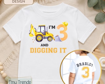 Personalised Digger Truck Birthday T-shirt or Sweatshirt – Construction Truck Boys Outfit with Custom Name Age, Kids Birthday Party Clothes