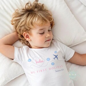 Boys and Girls Personalised First Holiday T-shirt, Family Vacation Shirt, Custom Airport Outfit, First Holiday Keepsake, First Flyer Shirt