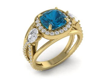 London Blue Topaz Cushion Ring 14K Gold Halo Blue Topaz Vintage Wedding & Engagement Promise Ring Women Gifted Blue Topaz Birthstone Ring