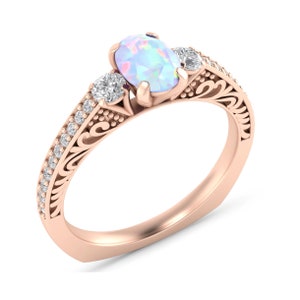 14K Rose Gold Ethiopian Opal Wedding Ring Ethiopian Opal Filigree Style Women Proposal October Birthstone Gifted Ring Opal Anniversary Ring.