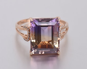 14 x 10 mm ametrin cocktaildiamantceremoniring 14K guld tvåfärgad ädelsten gåvoring mors dag-ring stor, djärv ädelstenspensioneringsring.