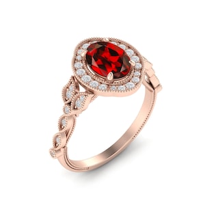 Edwardian Garnet Engagement Ring 14K Rose Gold Garnet Vintage Halo Proposal Ring Floral Valentine Gift Ring Art Deco Anniversary Garnet Ring