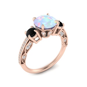 Ethiopian Opal Trilogy Wedding Ring 9K Gold Vintage Opal Engagement Ring Daily Wedding Ceremony Gifted Ring Multi Gemstone Valentine Ring