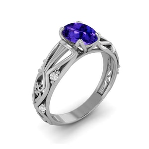 AAA Tanzanite Diamond Antique Engagement Ring, 18K White Gold Victorian Style Tanzanite Solitaire Wedding Ring, Oval Tanzanite Ceremony Ring