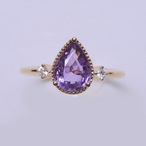 Amethyst, White Topaz Trilogy Engagement Ring 14K Gold Classic Edwardian Style 3 Stone Proposal Ring Women Proposal Pear Shape Amethyst Ring