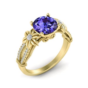 Tanzanite Diamond Engagement Ring 14K Gold Floral Tanzanite Wedding Ring Women Dainty Valentine Proposal Ring Tanzanite Solitaire Ceremony.