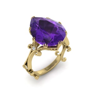 Art Deco Amethyst Diamond Cocktail Ring Unique Shank Amethyst Ring Vintage Valentine Women Dainty Ring Pear Amethyst Mother&#39;s Day Ceremony.