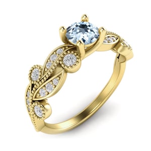 Natural Aquamarine Vintage Wedding 14K Gold Art Deco Aquamarine Engagement Ring Women Dainty Nature Based Ceremony Ring Edwardian Style Ring