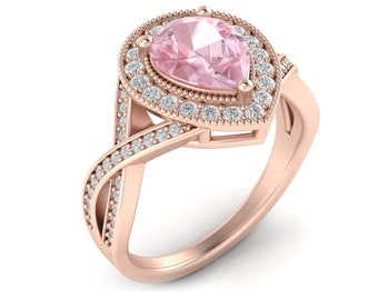 Peach Pink Morganite Bridal Wedding Ring 14K Rose Gold Vintage Halo Engagement Ring Pear Shape Morganite Valentine Gift Women Proposal Ring.