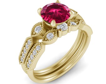 Lab Ruby Solitaire Bridal Wedding Set, 925 Silver Gold Vermeil Ruby Engagement Ring 2Pcs Set Wedding Ceremony Ring CZ Eternity Stacking Band