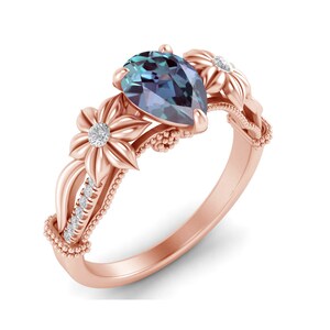 Nature Inspired Alexandrite Engagement Ring 14K Alex Floral Wedding Ring Pear Shape Alexandrite Valentine Gifted Ring Alexandrite Ceremony.