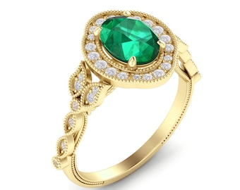 Lab Emerald Engagement Ring 14K Yellow Gold Art Deco Leaf Anniversary Ring Women Dainty Emerald Halo Vintage Ring Valentine Emerald Ring.