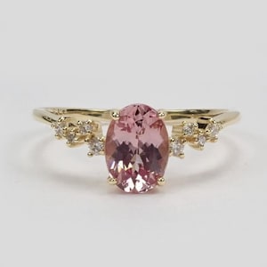 Beautiful Pink Tourmaline, Diamond Antique Engagement Ring 14K Scattered Stone Wedding Ring Oval Tourmaline Valentine Proposal Gift 14K Ring
