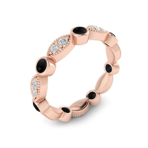 Black & White Alternative Eternity Wedding Band, 14K Gold Black Onyx Stackable Band, Rose Gold Black/White Wedding Proposal Valentine Band