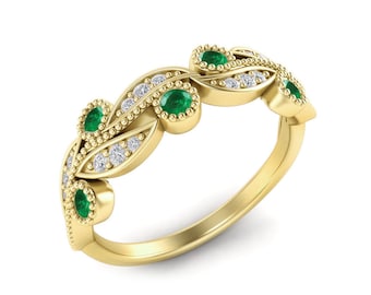 Edwardian Style Emerald Wedding Band 14K Gold Emerald,CZ Alternative Eternity Band Ring Bezel Set Emerald Vintage Leaf Ceremony Gifted Ring.