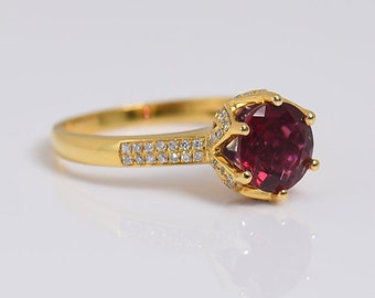 Pink Tourmaline Floral Engagement Ring 14K Gold Moissanite Pave Leaf Unique Wedding Ring, Women Dainty Vintage Valentine Proposal Gift Ring.