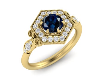 Natural Blue Sapphire Vintage Wedding Ring 14K Gold Estate Sapphire Halo Engagement Ring Women Dainty Sapphire Wedding Ring Art Deco Gifted.