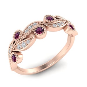 Rhodolite Garnet Wedding Floral Band 14K Art Deco Garnet Wedding Band Garnet Round Edwardian Style Wedding Band, Women Proposal Garnet Band.