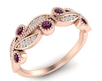 Obrączka ślubna z rodolitem i granatem 14K, obrączka ślubna w stylu art déco z granatem, okrągła obrączka ślubna w stylu edwardiańskim, obrączka z granatem na zaręczyny dla kobiet.
