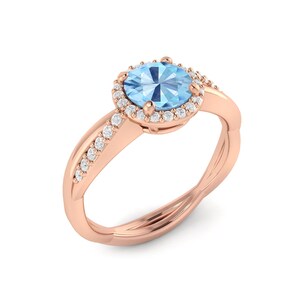 Classic Blue Topaz Halo Women Proposal Women Proposal Ring 14K Rose Blue Topaz Solitaire Engagement Ring Round Topaz Anniversary Gifted Ring
