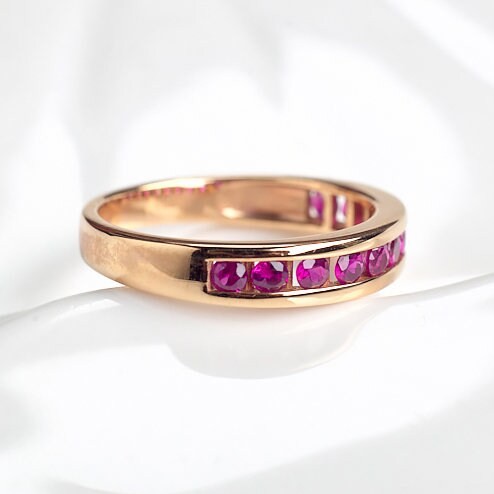 Channel Set Lab Ruby Eternity Band 14K Gold Fine Look Ruby Wedding Band ...