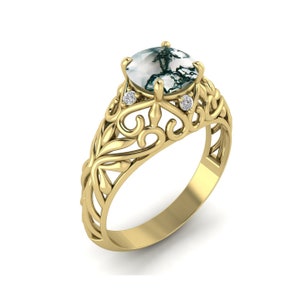 Natural Inspired Moss Agate Solitaire Daily Worn Ring Vintage Leaf Filigree Stone Ring Agate Engagement Ring Art Deco Agate Anniversary Ring