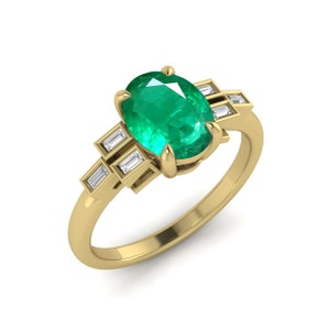 1.65Ct Zambian Emerald, Diamond Classic Wedding Ring 14K Gold 9x7mm Oval Emerald Engagement Ring Art Deco Emerald Women Proposal Gift Ring.