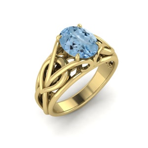 Celtic Curved Aquamarine Solitaire Ring Victorian Style Aquamarine Ceremony Ring 925 Silver Gold Vermeil Vintage Ring 9x7mm Aquamarine Ring.