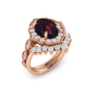 Black Opal Cabochon Wedding Set Ring 14K Rose Gold Opal Ring Black Opal Valentine Women Dainty Ring Vintage Style Mother&#39;s Day Ceremony Ring