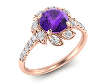 Nature Inspired Wedding Ring Floral Style Amethyst Engagement Ring 14K Gold Purple Flower Women Proposal Ring Daily Wear Feb Birthstone Ring
