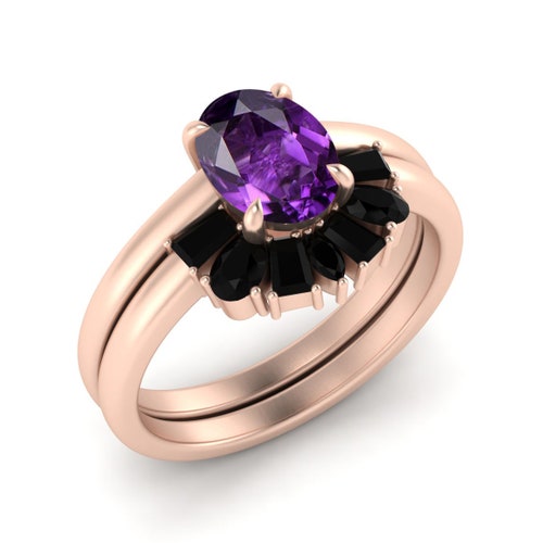 African Amethyst Solitaire Stacking Engagement Rings Back Spinel Halo Cluster Stackable 2Pcs Ring Set, Rose shops Gold Amethyst Wedding Set Rings.