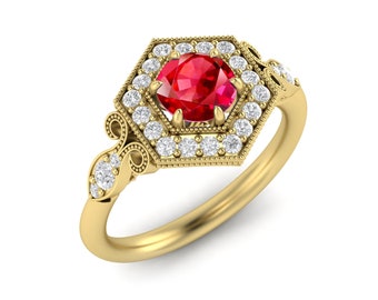Lab Rubin Halo Verlobungsring 14K Vintage Stil Ring für Valentinstag Geschenk, Frauen Zierliche Rubin Hochzeit Zeremonie Ring Art Deco Stil Ring für Sie