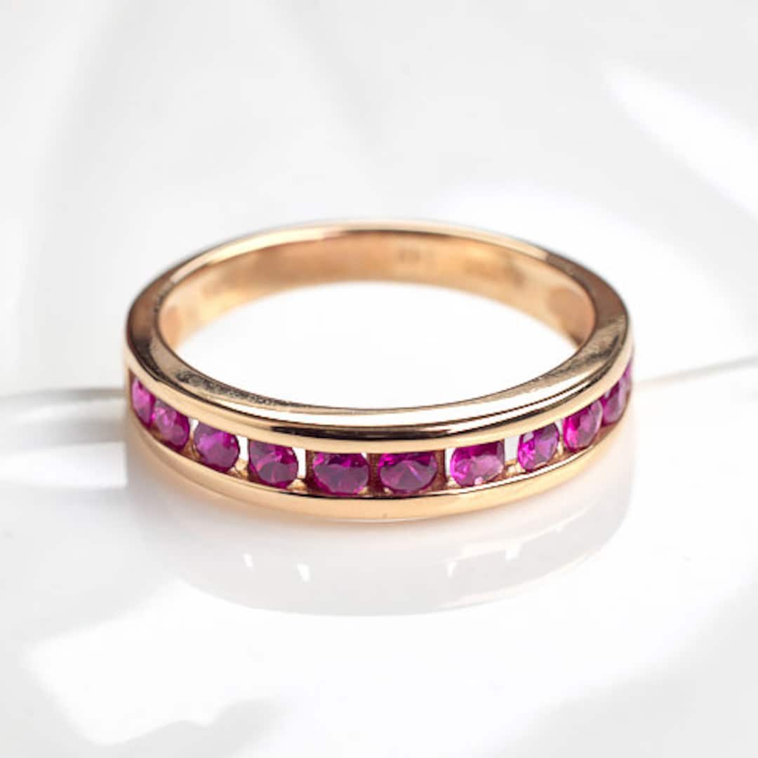 Channel Set Lab Ruby Eternity Band 14K Gold Fine Look Ruby Wedding Band ...