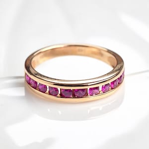 Channel Set Lab Ruby Eternity Band 14K Gold Fine Look Ruby Wedding Band Women Dainty Wedding Ceremony Band Round Ruby Classic Valentine Ring