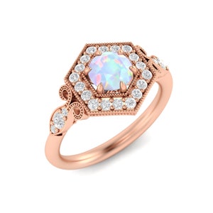 Art Deco Ethiopian Opal Engagement Ring 14K Rose Gold Opal Halo Vintage Wedding Ring, Round Opal Valentine Gifted Ring, Hexagonal Shape Ring