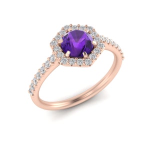 Daily Worn Amethyst Ring 14K Amethyst Halo Classic Engagement Ring Minimalist Amethyst Valentine Ring Hexagon Shape Ring February Birthstone