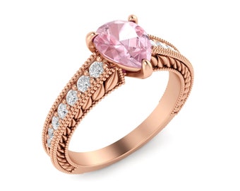 14K Rose Gold Morganite Engagement Ring, Morganite Solitaire Valentine Promise Ring, Classic Pink Stone Wedding Anniversary, Christmas Ring.