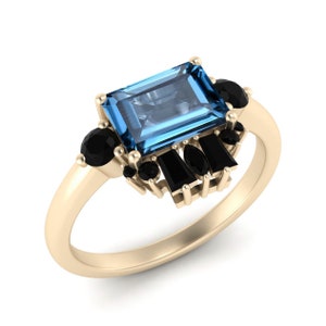 Swiss Blue Topaz Antique Ring Scattered Black Spinel Cluster Halo Proposal Ring Emerald Cut Topaz Anniversary Gift Art Deco Topaz Ceremony.