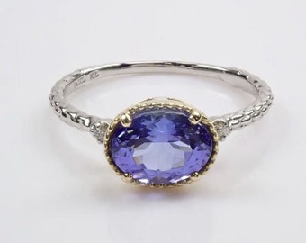 Unique Style Tanzanite, Diamond Anniversary Ring 14K Two-Tone Gold Texture Band Ring Tanzanite Solitaire Proposal Ring, Women Valentine Ring