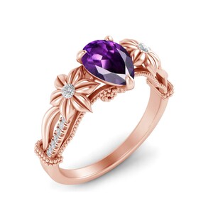 Floral Amethyst Engagement Ring Rose Gold Amethyst Valentine Proposal Ring Women Dainty Purple Stone Ring Vintage Wedding Ceremony Gift Ring