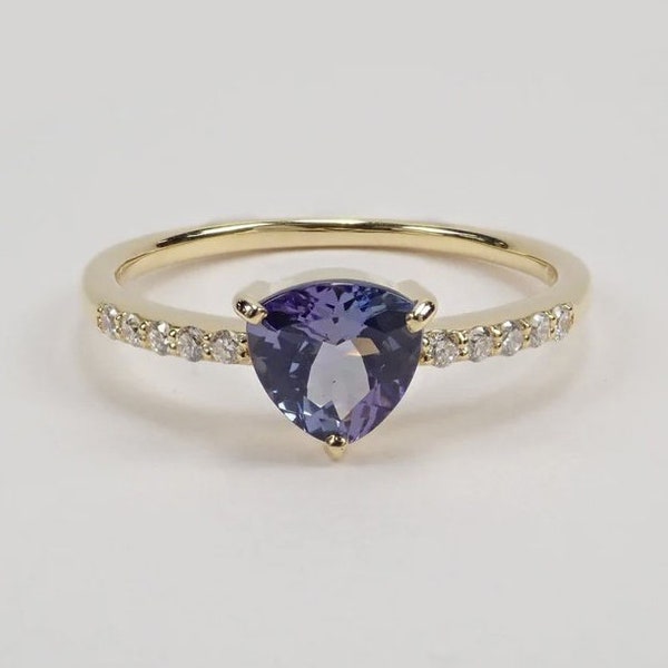 Natural Trillion Tanzanite Ring Diamond Bridal Wedding Ring 14K Vintage AAA Tanzanite Engagement Ring Gifted for Her Friends Ship Love Ring
