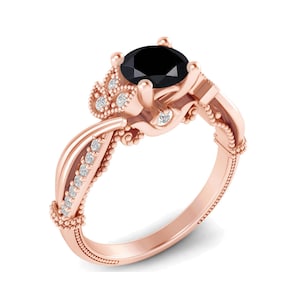 Black Spinel Flora Engagement Ring Art Deco Black Gemstone Wedding Ring Crossover Shank Back Stone Anniversary Ring Floral Leaf Wedding Ring