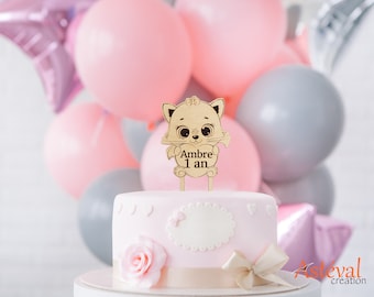 Cake topper personnalisé, enfant, chat funny, vernis norme alimentaire, anniversaire, baptême