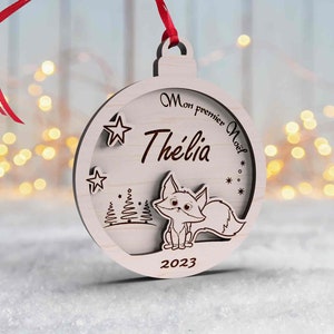 Personalized Christmas ball in wood decor fox child my first Christmas