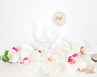 Marque verre, marque place bois personnalisé rond - Mariage, Baptême, ou Anniversaire - Décoration de table