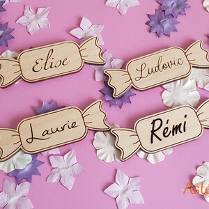 Gepersonaliseerde houten plaats merk snoep, bruiloft, doop, verjaardag, gastronomisch thema, tafeldecoratie