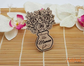 Magnet bois personnalisé "Bonne fête maman", bouquet de roses