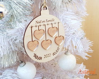 Boule de Noël personnalisée - bois miroir acrylique famille prénoms joyeux noêl - Noël en famille