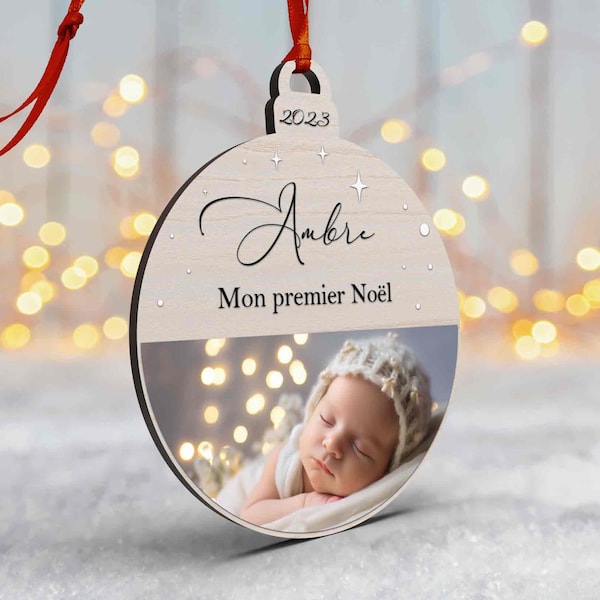 Boule de Noël en Bois Personnalisée avec Photo et Couleur, Mon Premier Noël