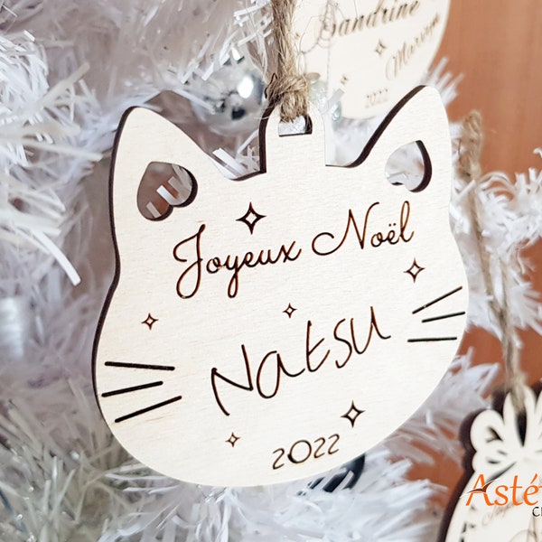 Boule de Noël bois personnalisée, tête de chat, chaton, compagnon domestique